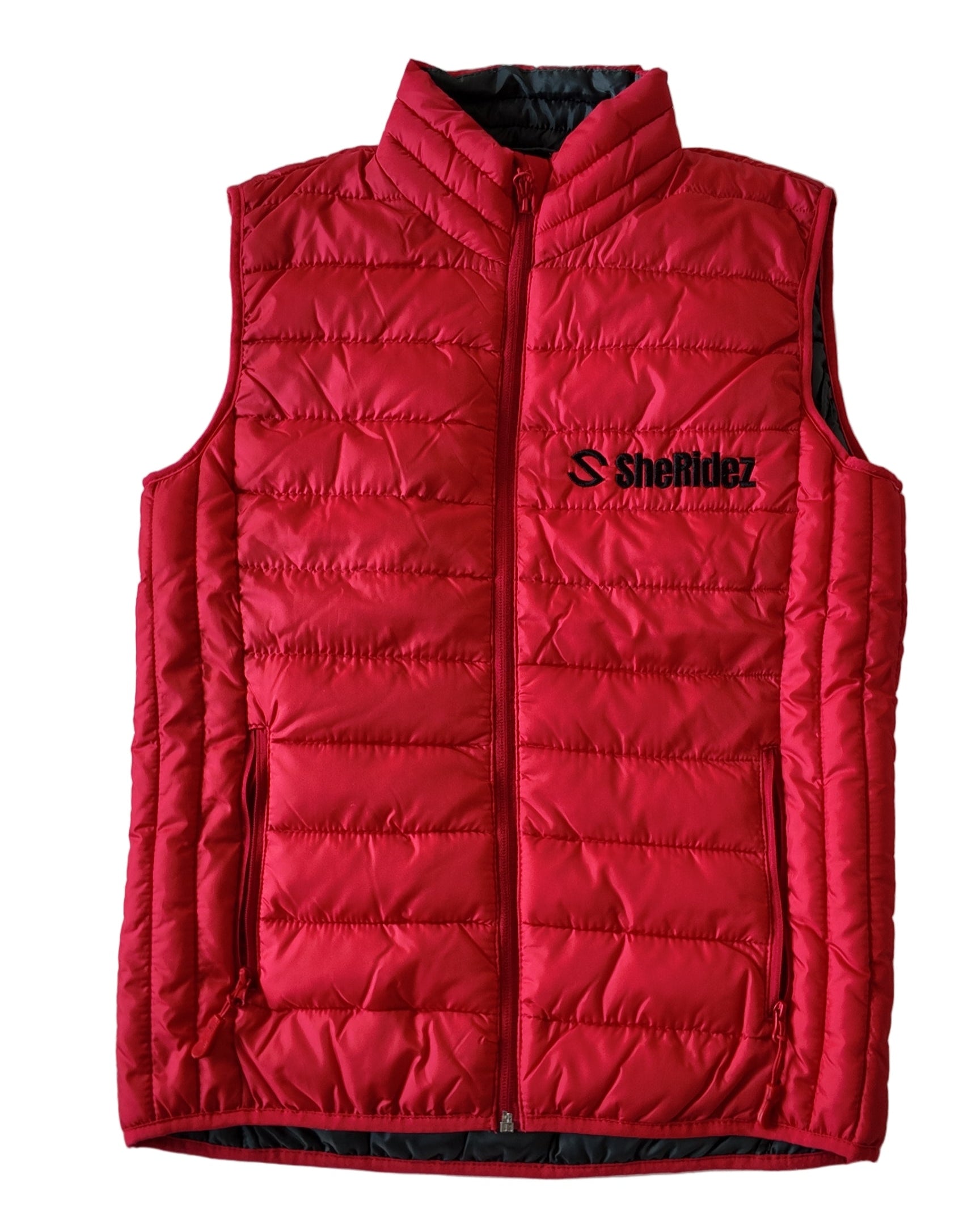 Red puffer vest with a brand logo