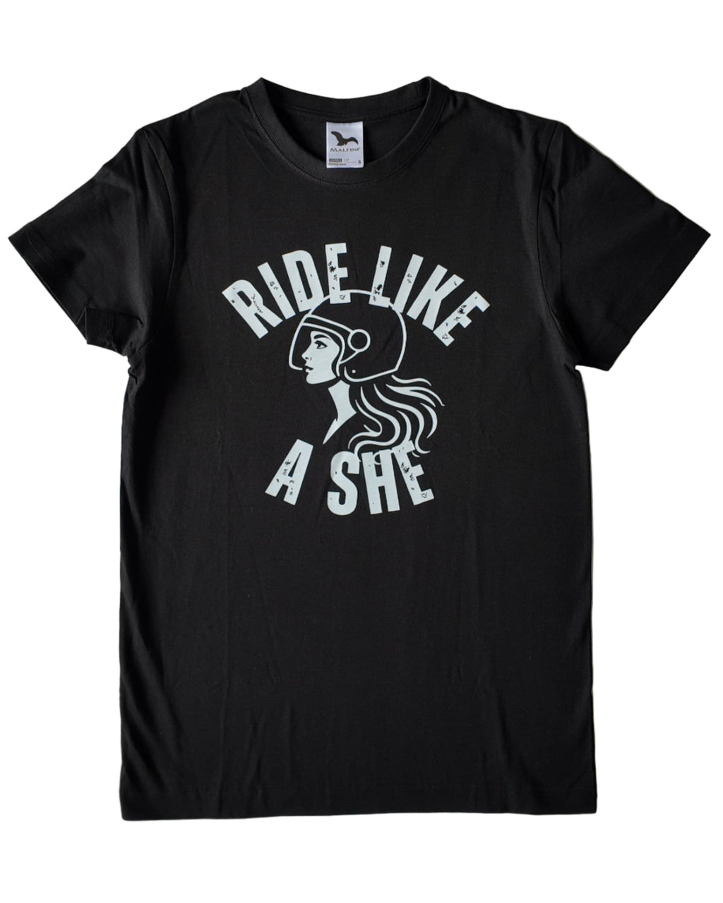Black t-shirt with 'Ride Like A She' graphic 