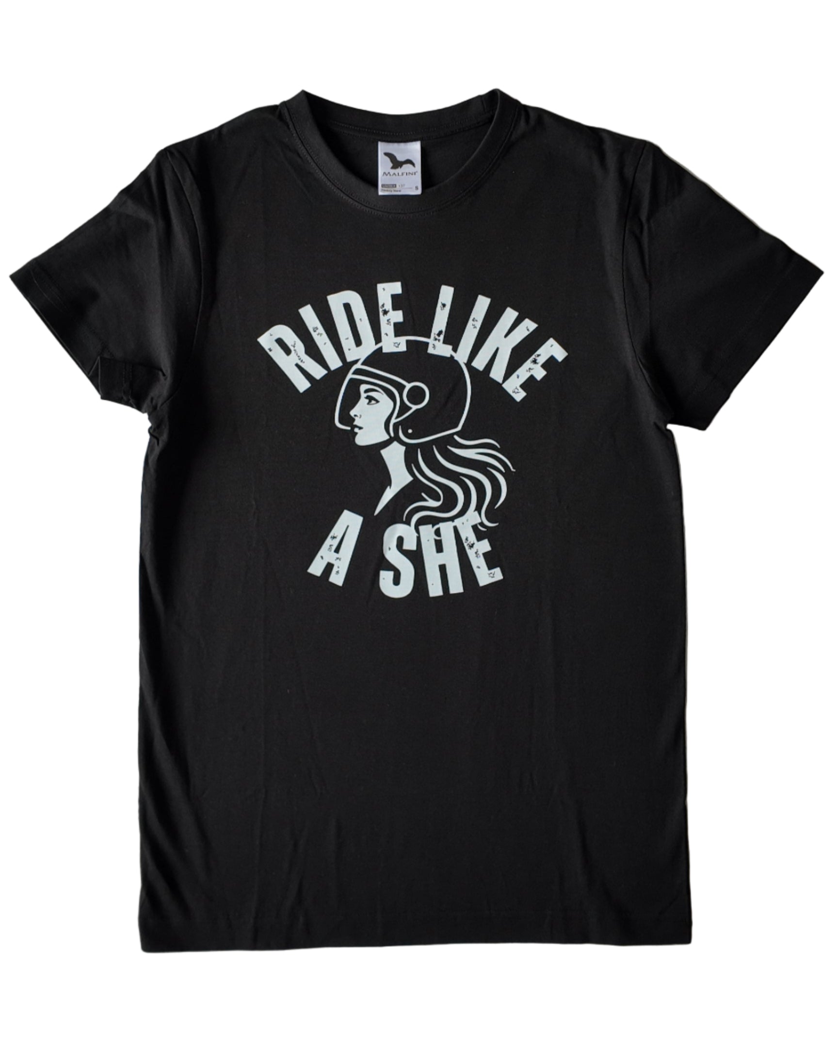Black t-shirt with 'Ride Like A She' graphic 