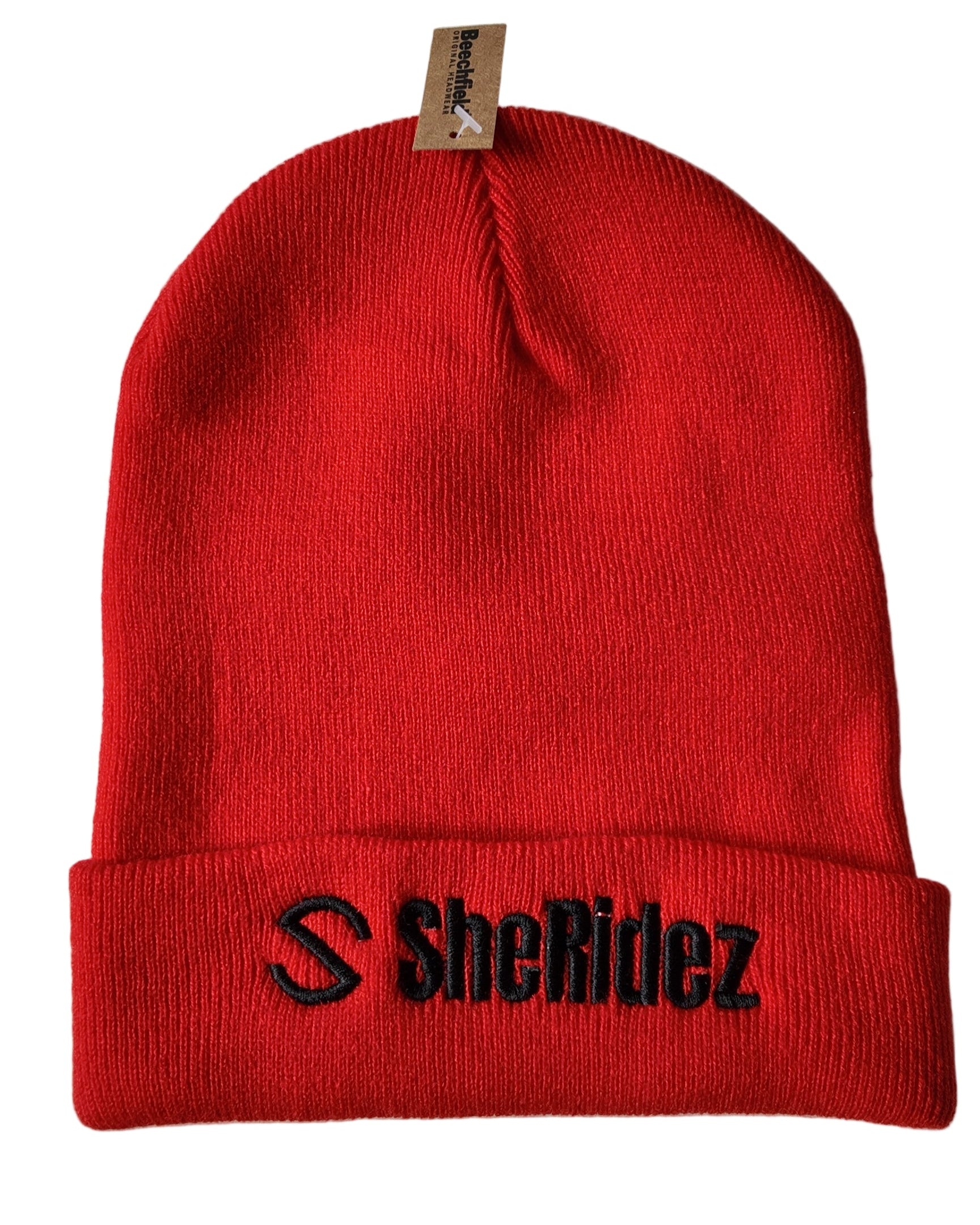 Red beanie with 'SheRidez' logo on a white background