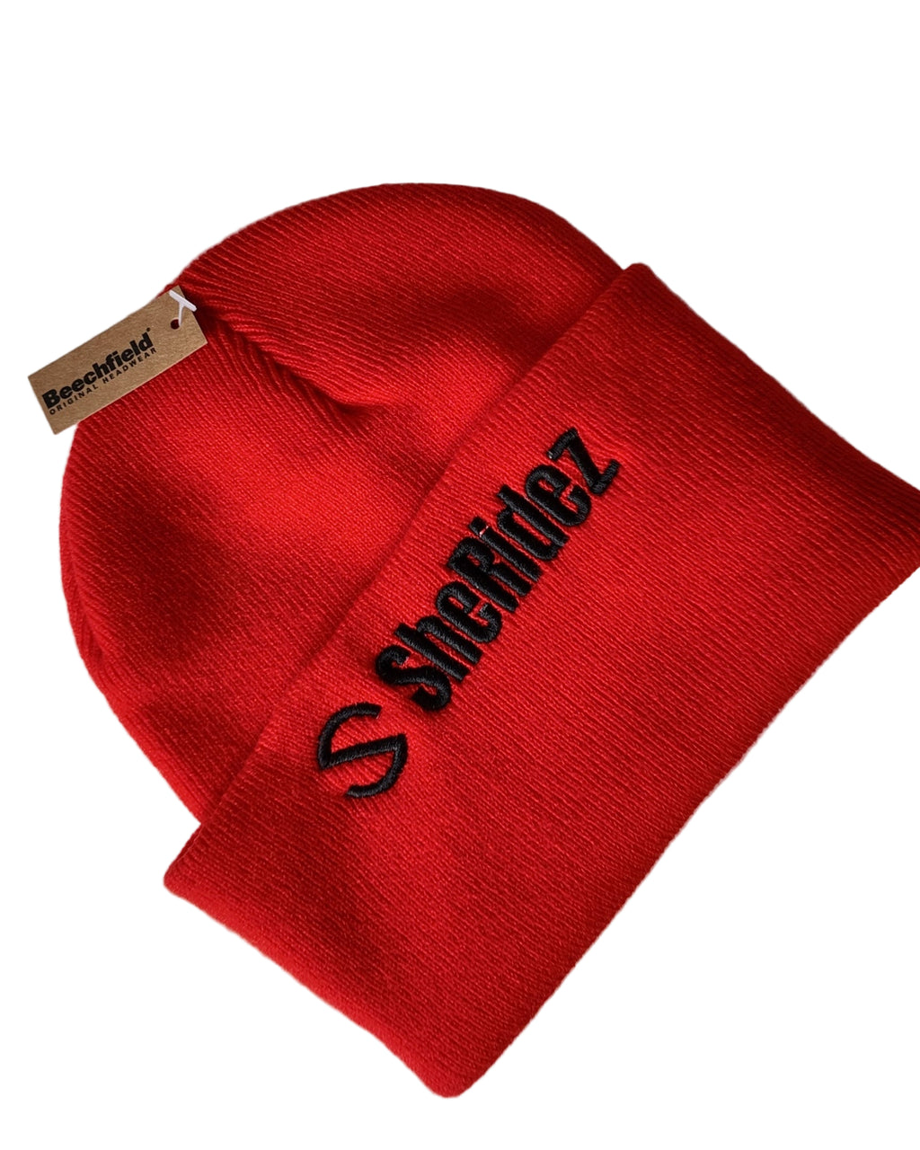 Red beanie with 'sheridez' logo 
