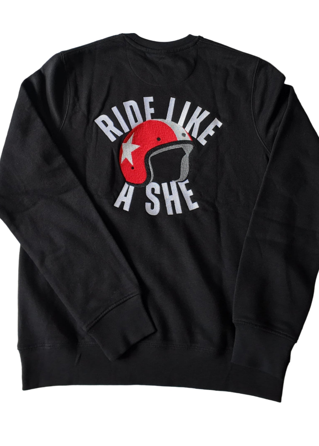 Black sweatshirt with a graphic of a helmet and text 'RIDE LIKE A SHE'